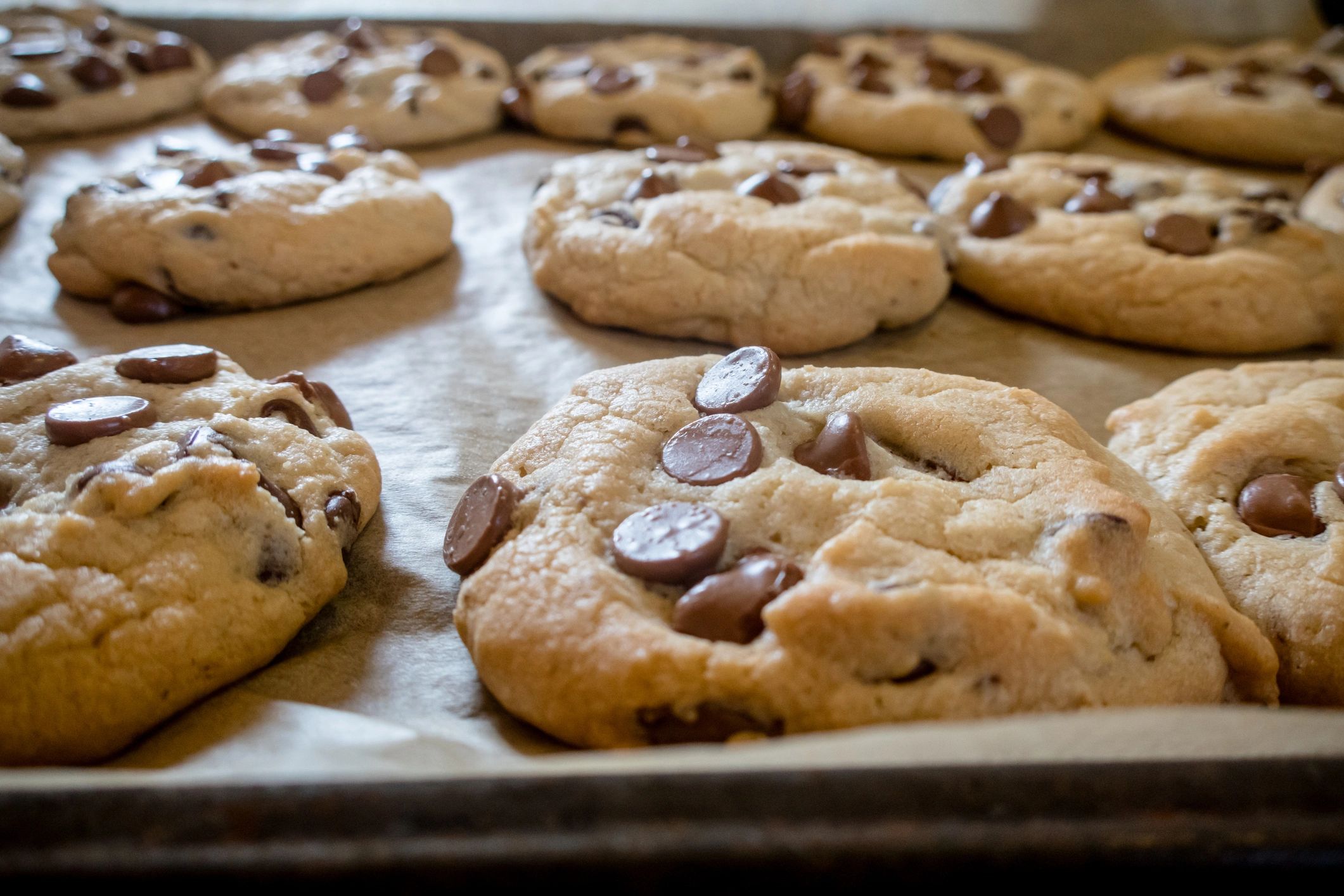 Warm and Gooey Chocolate Chip Cookies Cooling on a Tray
